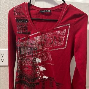 BETTY BARCLAY  Size M Red Blouse Cotton Long Sleeve Sequins